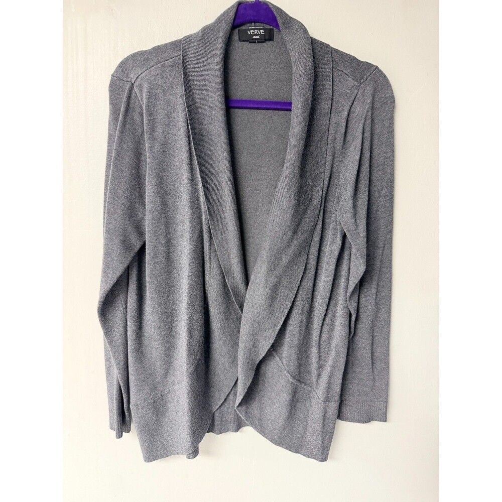 Verve Ami Womens Large Gray Draped Open Front Long Sleeve Knit Cardigan